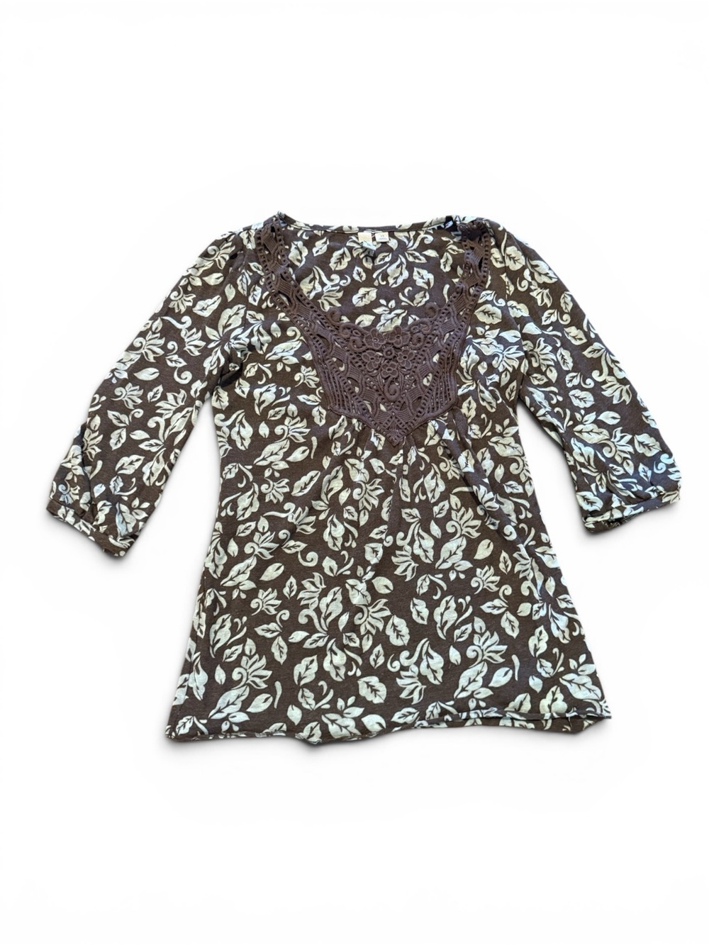 Caslon Brown Floral Crochet-Trim Scoop Neck Top XS